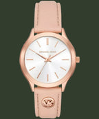 Pink watch with rose gold case and MK logo on a white background